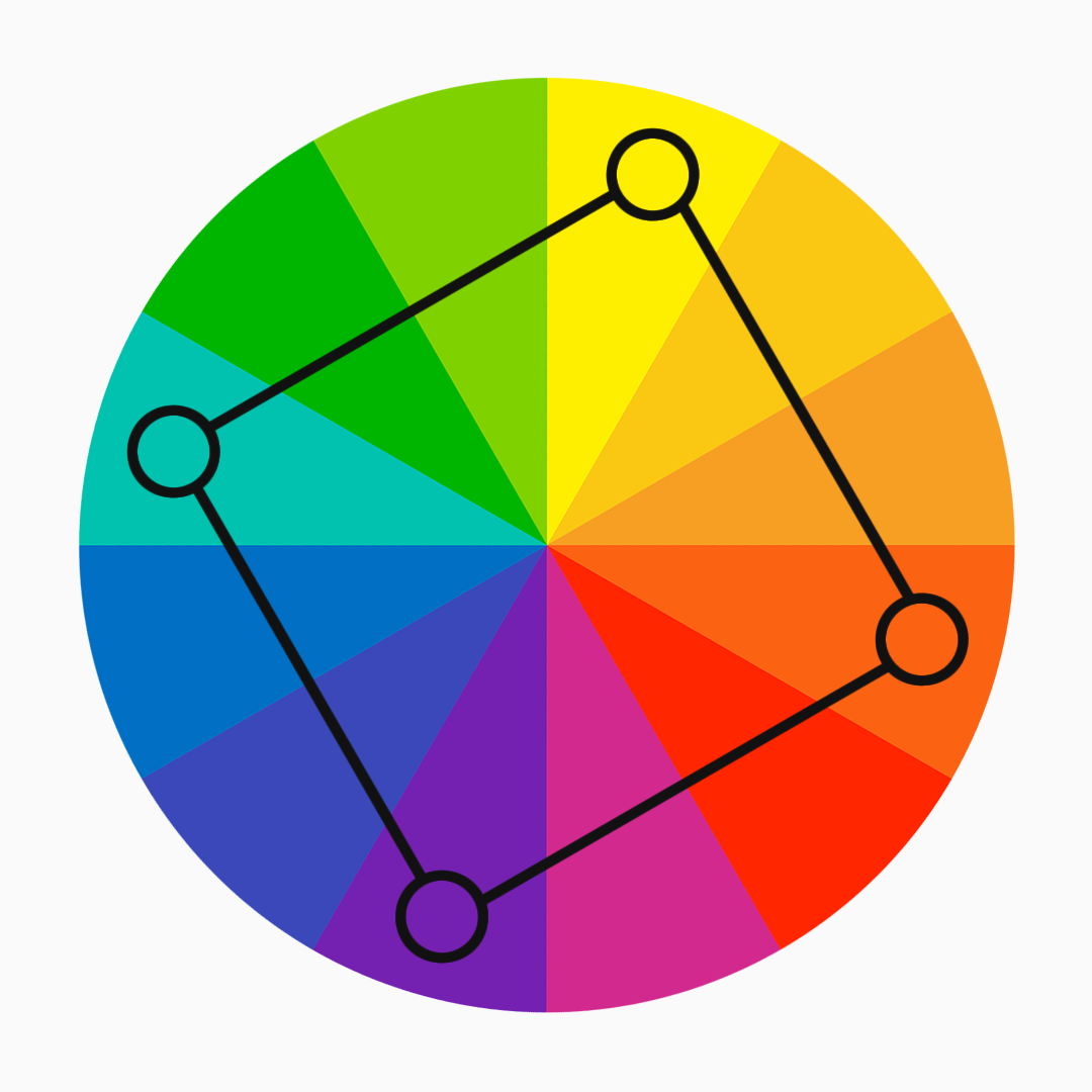 Tetradic colours - yellow, orange, light blue and violet